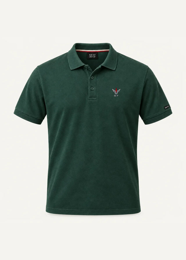 Deep green UNIT-07 polo, women's line; chest embroidery about 50 mm, original proportions