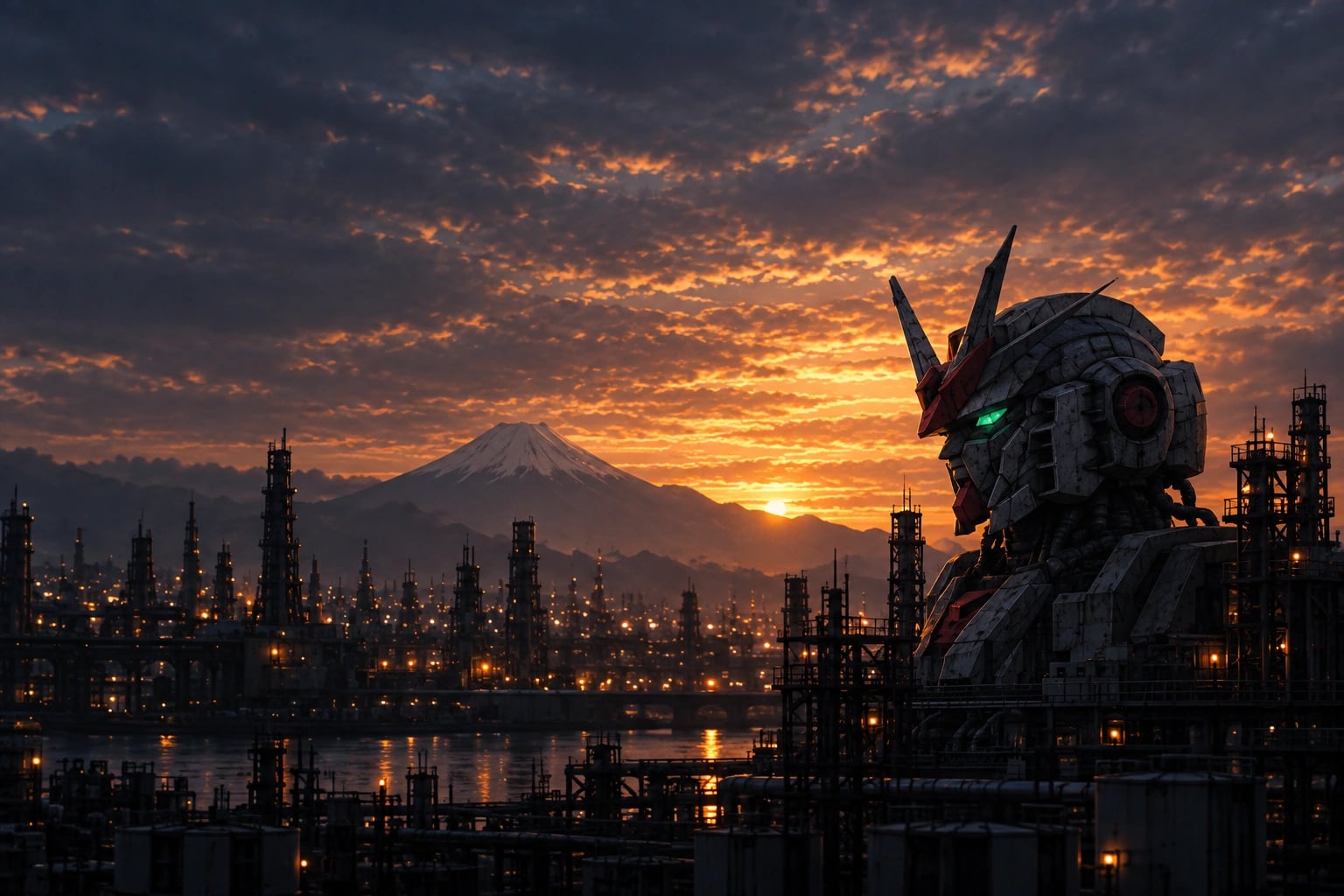 A single mecha overlooking an industrial city and mountain at sunset