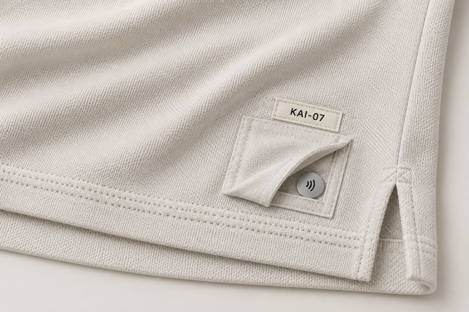 ORIGIN women's polo: concealed NFC pocket in white organic cotton piqué, beneath an inner KAI-07 fabric label