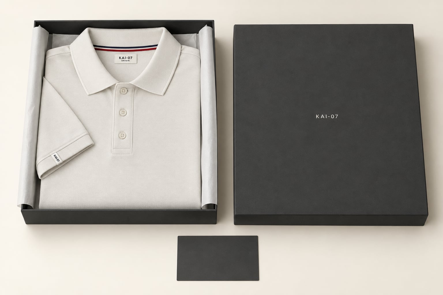 ORIGIN women's polo in its charcoal KAI-07 box: white garment with original chest embroidery, sewn label and illustrated NFC collector card
