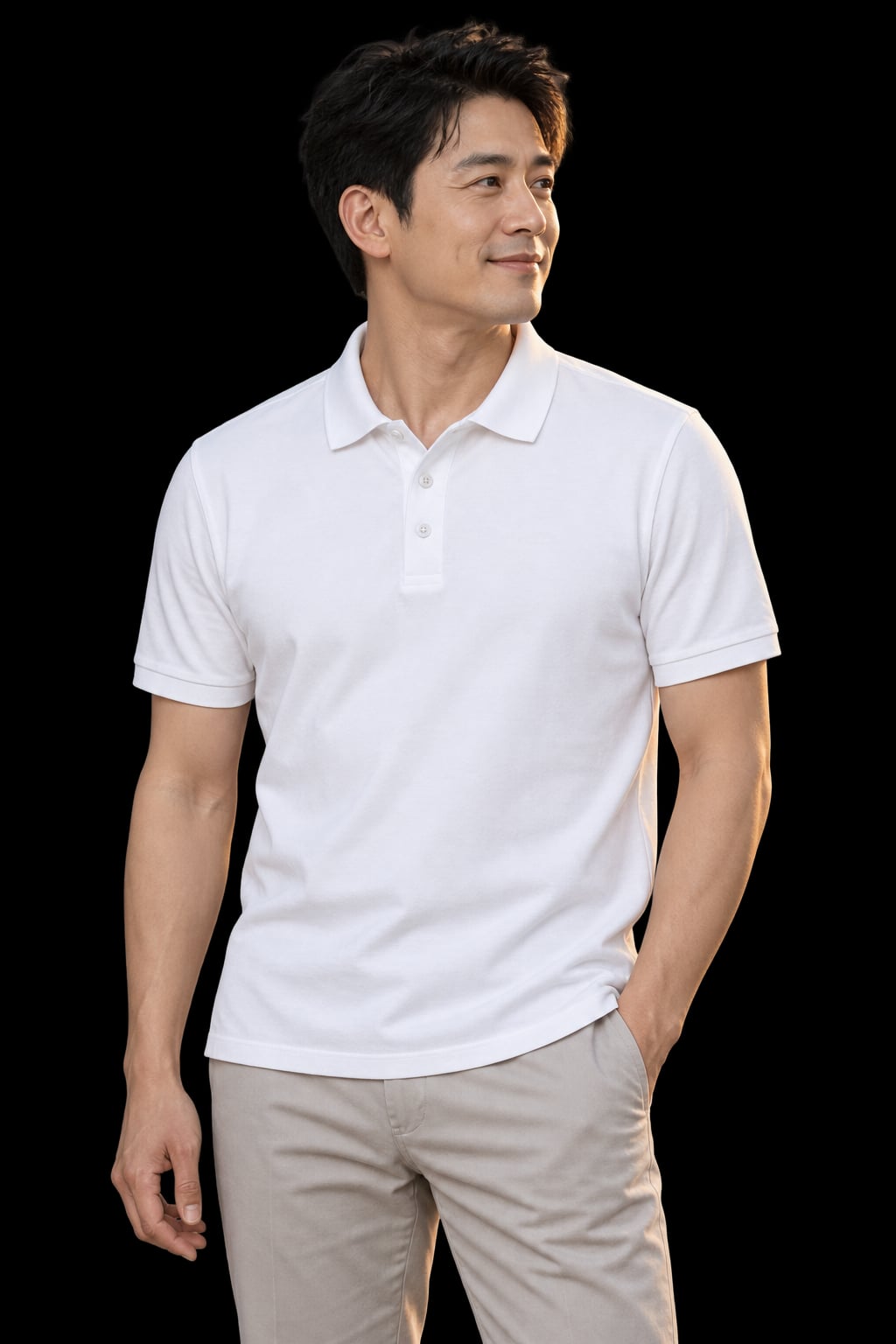 A man wearing the white ORIGIN polo, looking toward a mecha over the city at dusk