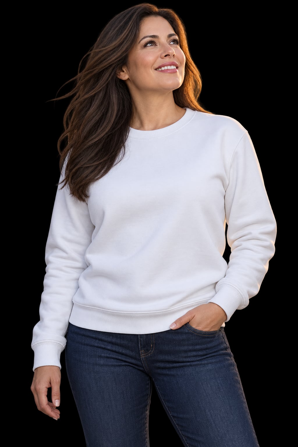 A woman wearing the white ORIGIN sweatshirt, looking up at a mecha over the city at dusk