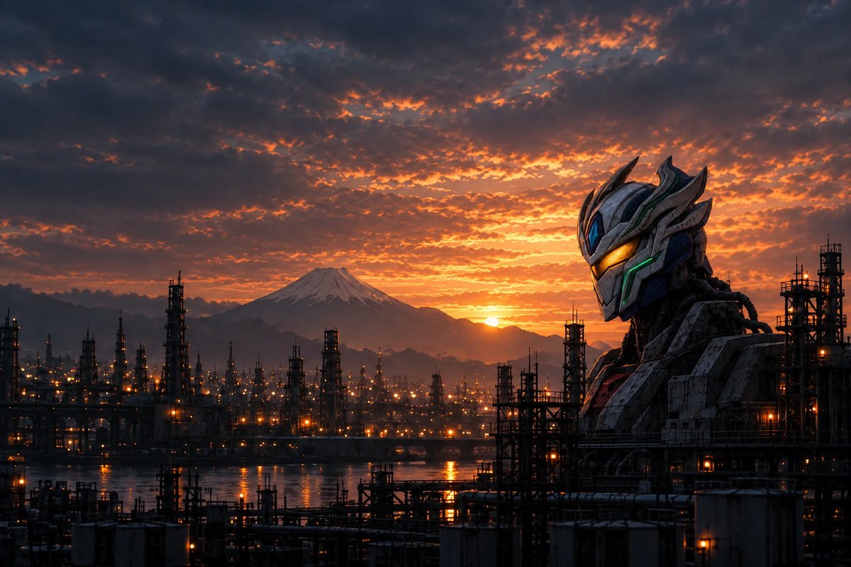 A single mecha overlooking an industrial city and mountain at sunset