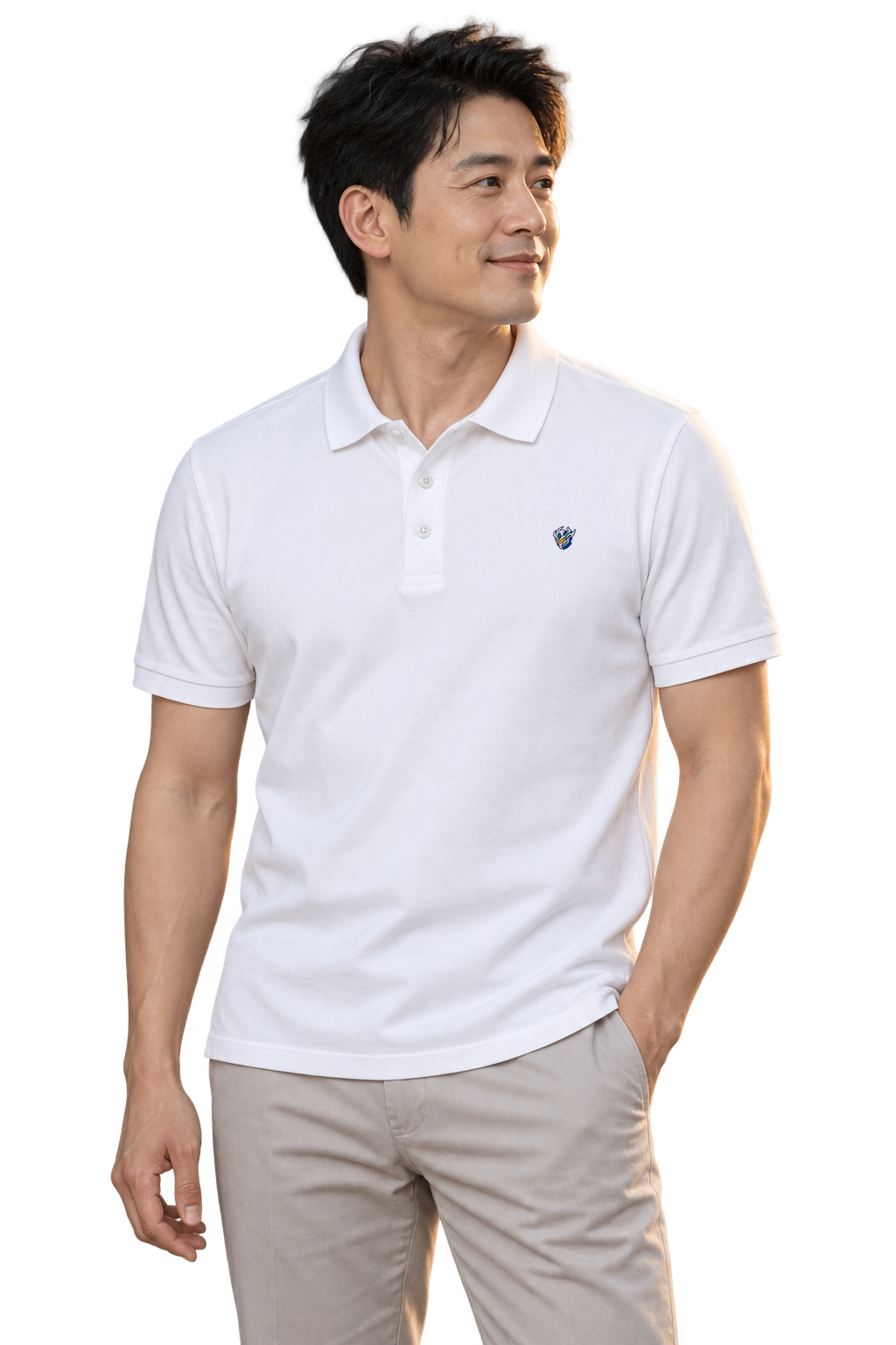 A man wearing the white ORIGIN polo, looking toward a mecha over the city at dusk