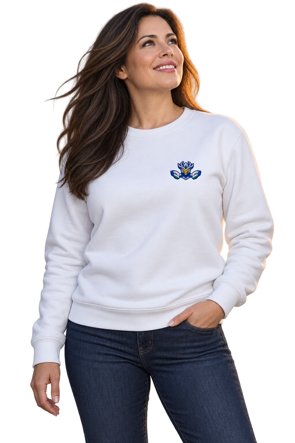 A woman wearing the white ORIGIN sweatshirt, looking up at a mecha over the city at dusk