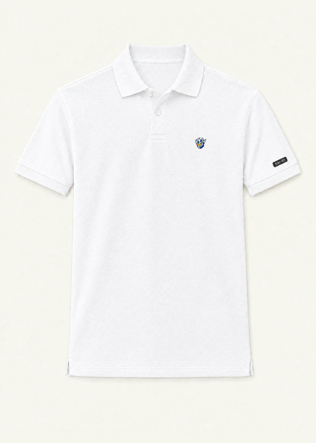 White ORIGIN polo, men's line; chest embroidery about 30 mm, original proportions