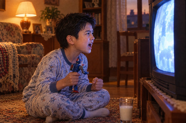 A boy in pyjamas sitting close to a glowing television, holding a toy robot