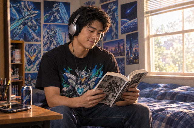A teenager in a black anime T-shirt in his poster-covered room, headphones around his neck