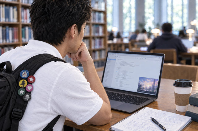 A student in a library with a single small pin on his backpack