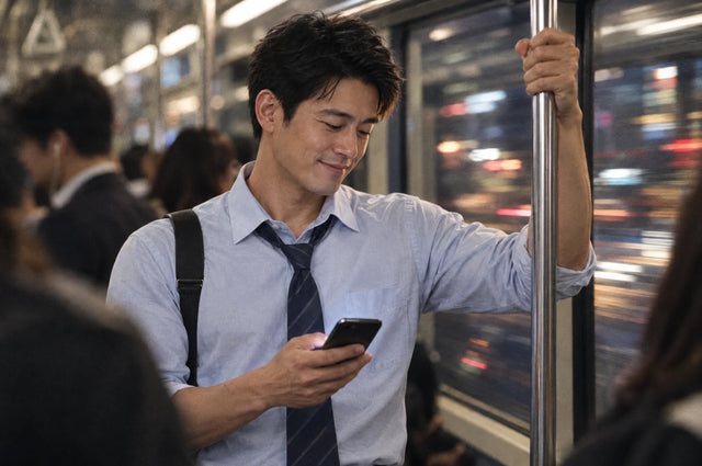 A man in a plain shirt smiling at his phone on an evening train