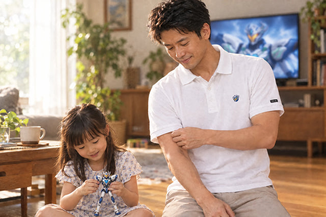 A father in the white ORIGIN polo watching his daughter play with a toy robot on a Sunday morning