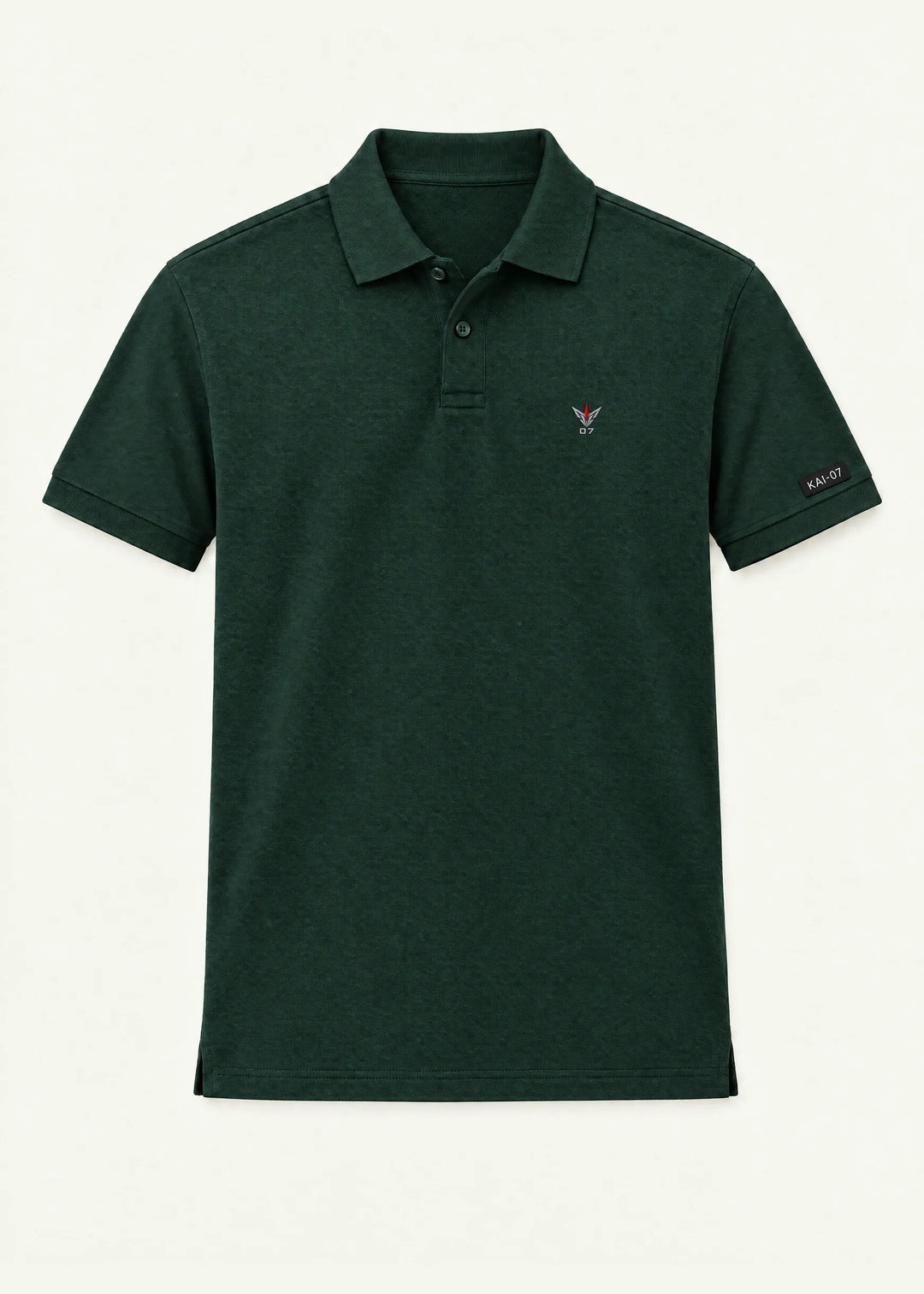 Deep green UNIT-07 polo, men's line; chest embroidery about 30 mm, original proportions