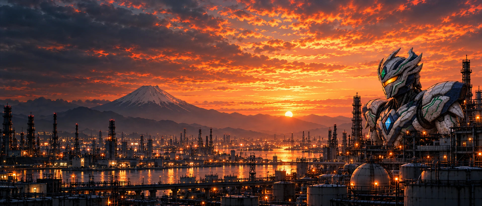 Un mecha solitario sobre una ciudad industrial y una montaña al atardecer